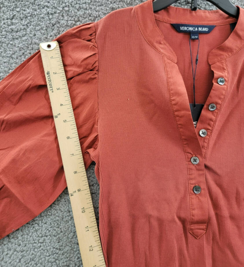 Veronica Beard Coralee Top Womens XS Brick Red Mandarin Collar Elbow Puff Sleeve