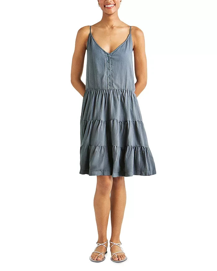 Splendid Shannon Tiered Mini Dress Women's XS Storm Linen Blend Button Front