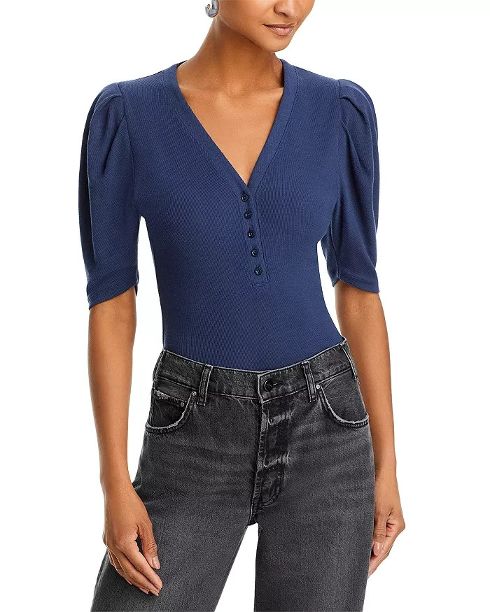 FRAME Rib Knit Ruched Sleeve Henley Tee Women's L Navy Short Sleeve Pullover