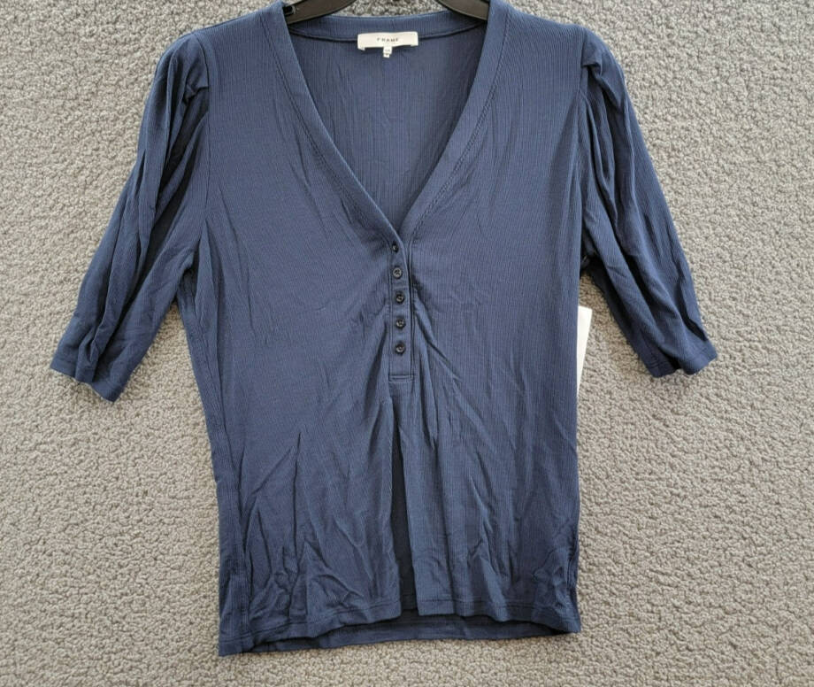 FRAME Rib Knit Ruched Sleeve Henley Tee Women's L Navy Short Sleeve Pullover