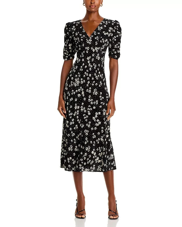 Rails Zariah Printed Midi Dress Women's M Black/White V-Neck Back Zip Closure