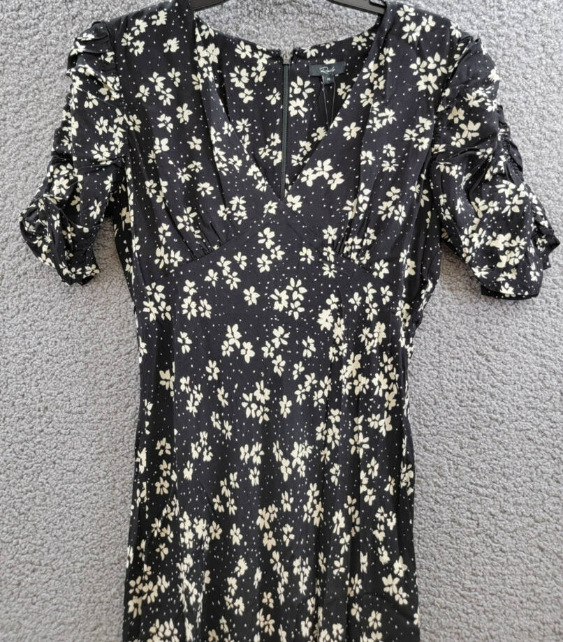 Rails Zariah Printed Midi Dress Women's M Black/White V-Neck Back Zip Closure