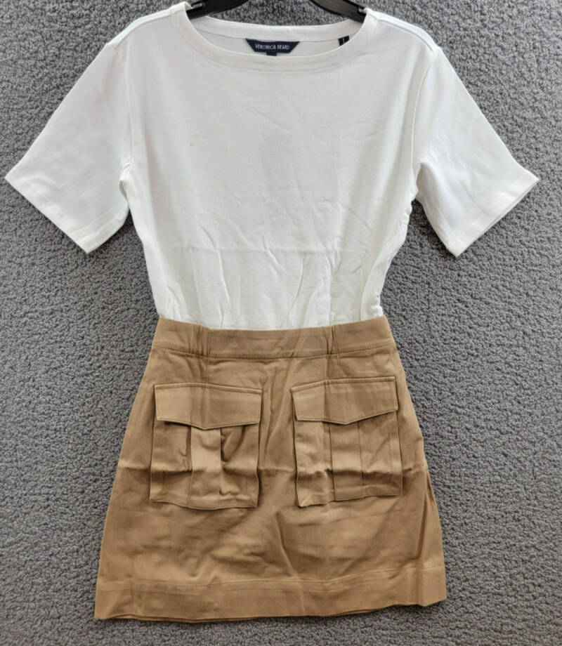 Veronica Beard Elowyn Mixed Media Dress Womens XS White/Khaki Boat Neck Zip Snap