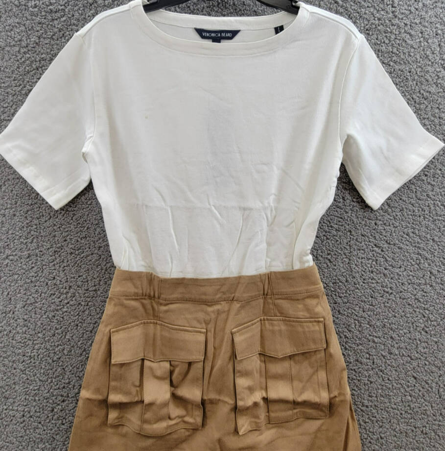 Veronica Beard Elowyn Mixed Media Dress Womens XS White/Khaki Boat Neck Zip Snap