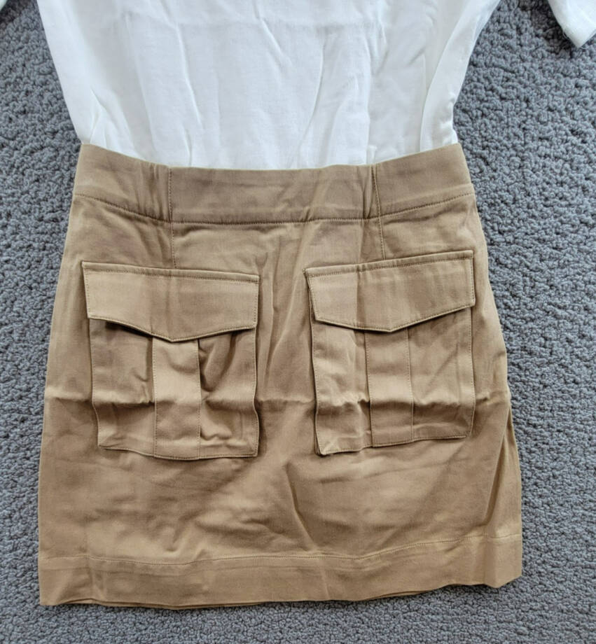 Veronica Beard Elowyn Mixed Media Dress Womens XS White/Khaki Boat Neck Zip Snap