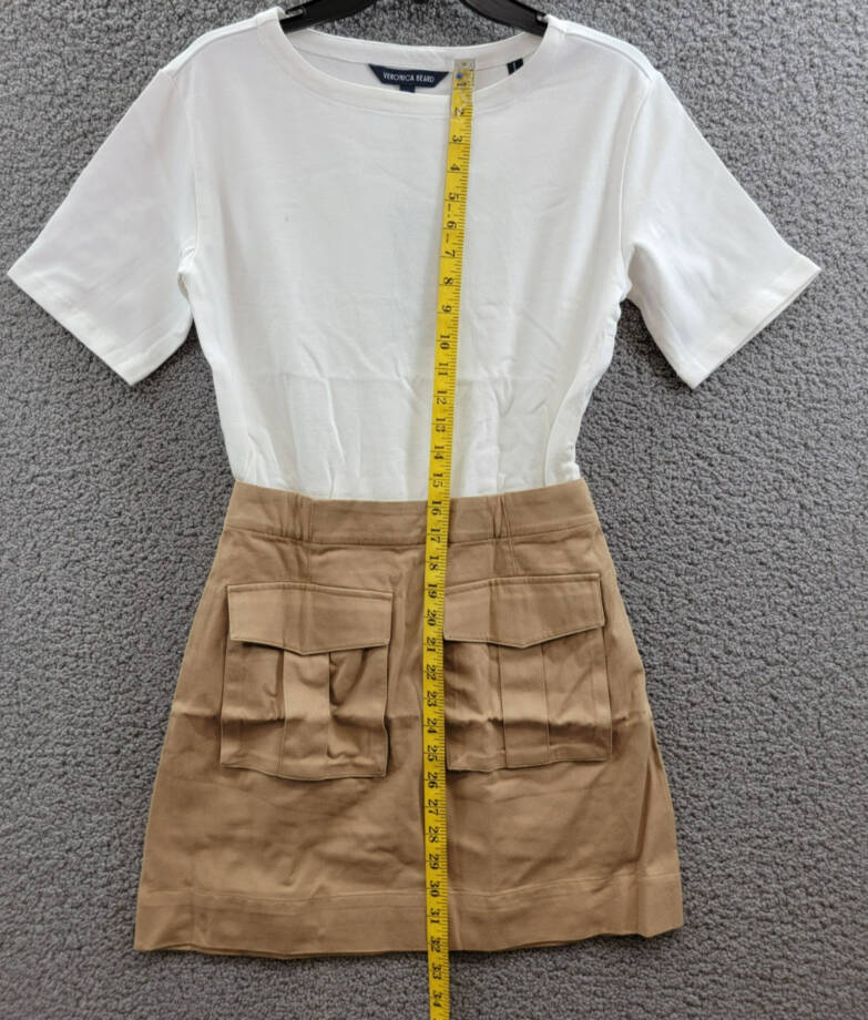 Veronica Beard Elowyn Mixed Media Dress Womens XS White/Khaki Boat Neck Zip Snap