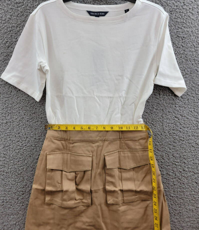 Veronica Beard Elowyn Mixed Media Dress Womens XS White/Khaki Boat Neck Zip Snap
