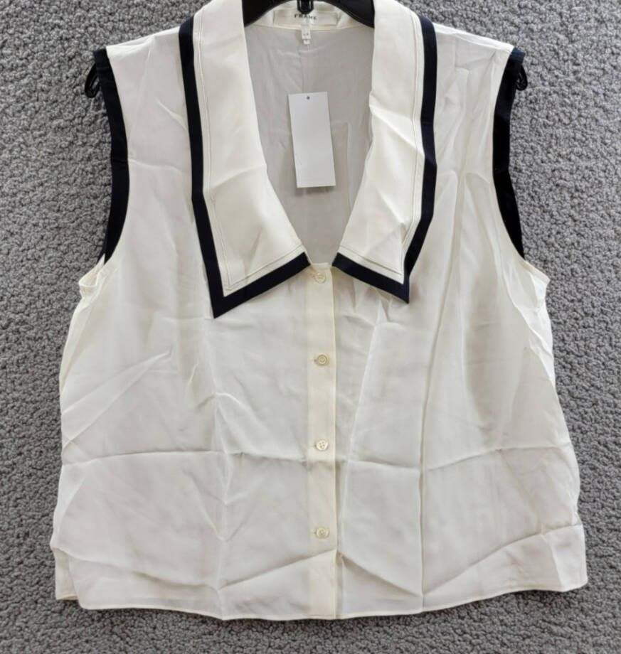 FRAME Silk Sailor Blouse Women's L White/Black Contrasting Trim Button Closure