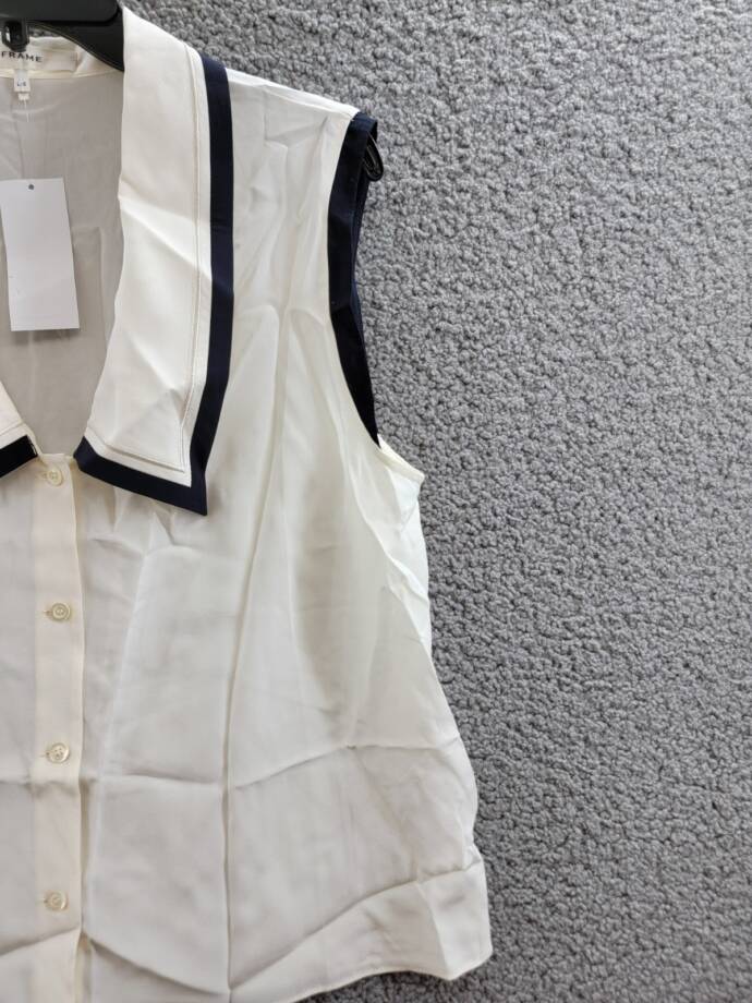 FRAME Silk Sailor Blouse Women's L White/Black Contrasting Trim Button Closure