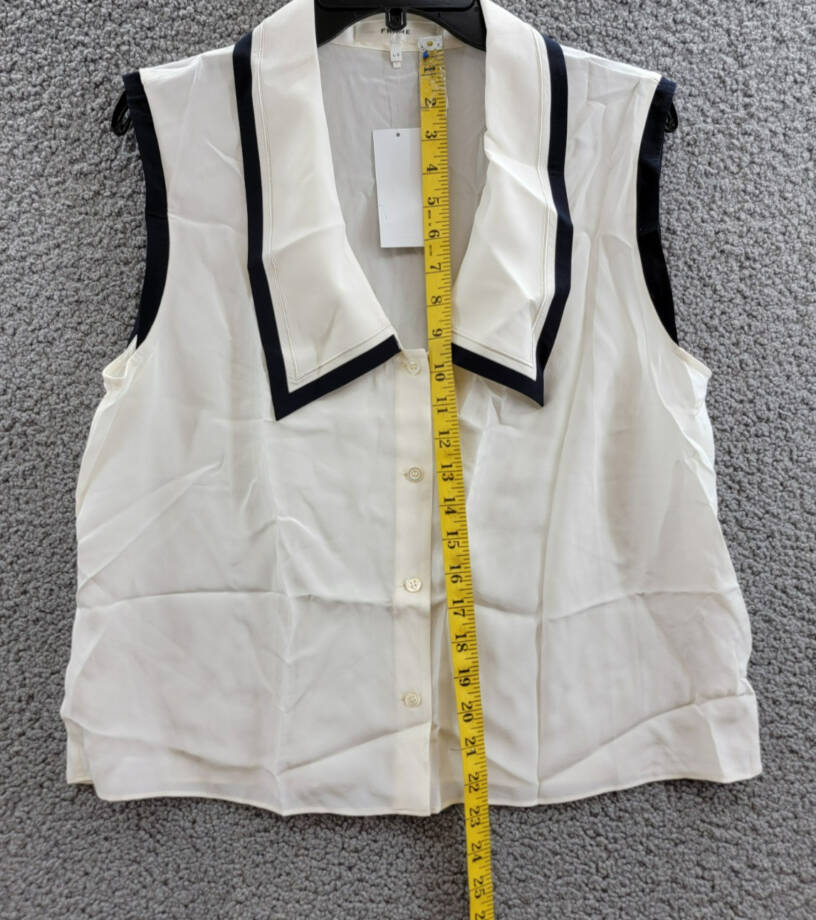 FRAME Silk Sailor Blouse Women's L White/Black Contrasting Trim Button Closure