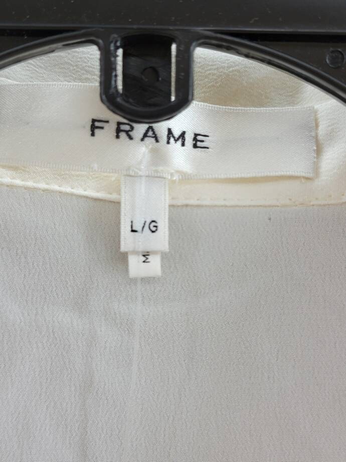 FRAME Silk Sailor Blouse Women's L White/Black Contrasting Trim Button Closure