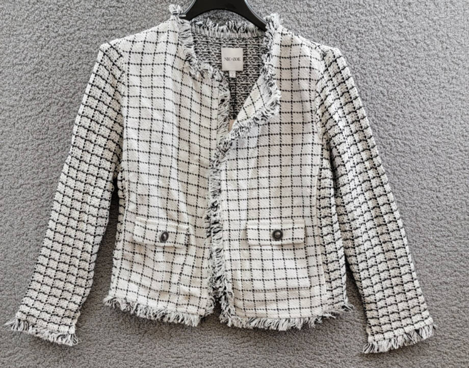 NIC+ZOE Grid Fringe Mix Knit Jacket Womens S Cream Multi Long Sleeves Open Front