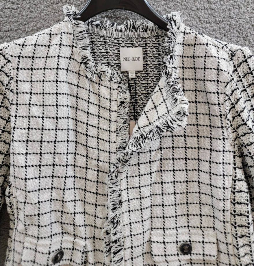 NIC+ZOE Grid Fringe Mix Knit Jacket Womens S Cream Multi Long Sleeves Open Front