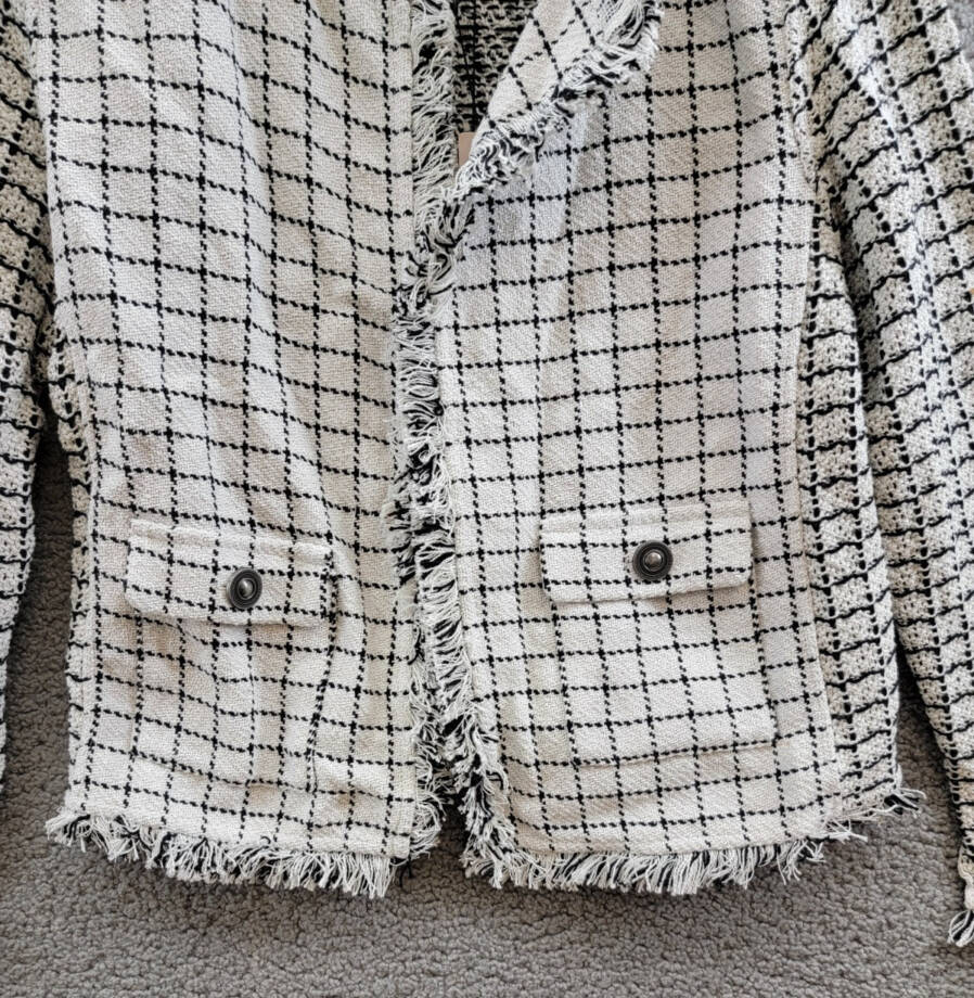 NIC+ZOE Grid Fringe Mix Knit Jacket Womens S Cream Multi Long Sleeves Open Front