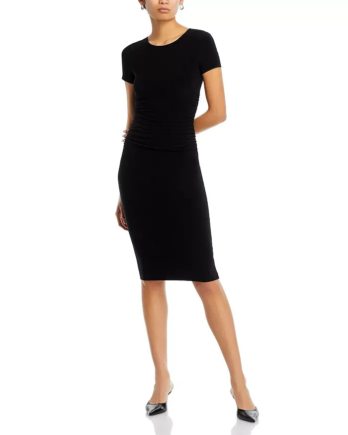 Norma Kamali Short Sleeve Ruched Dress Women's S/36 Black Round Neck Pullover