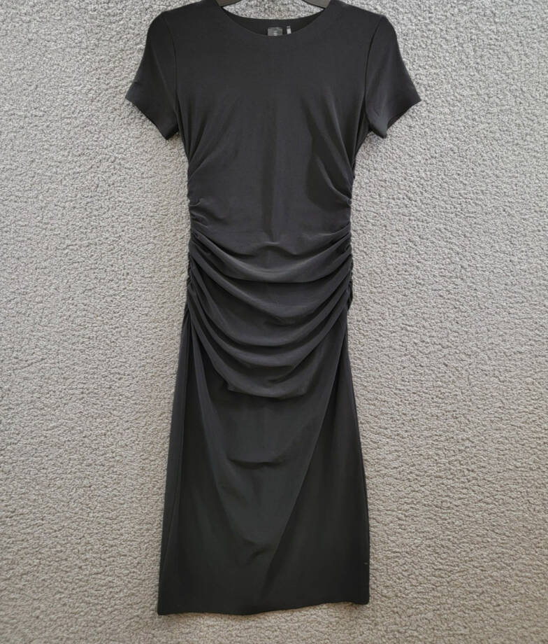 Norma Kamali Short Sleeve Ruched Dress Women's S/36 Black Round Neck Pullover