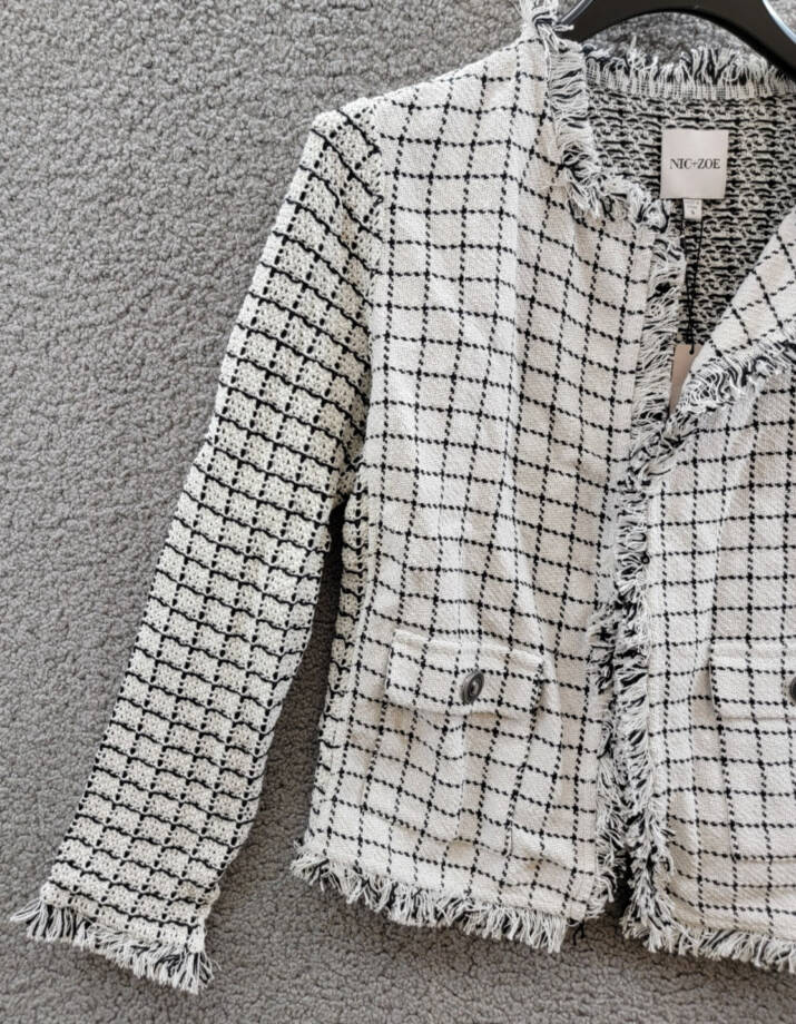 NIC+ZOE Grid Fringe Mix Knit Jacket Womens S Cream Multi Long Sleeves Open Front