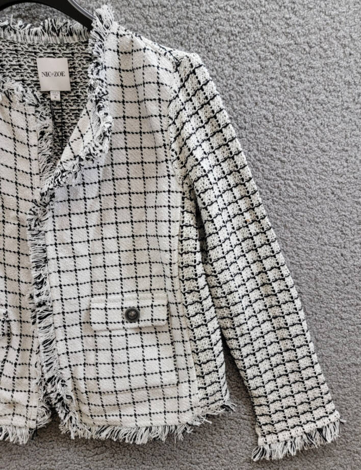 NIC+ZOE Grid Fringe Mix Knit Jacket Womens S Cream Multi Long Sleeves Open Front