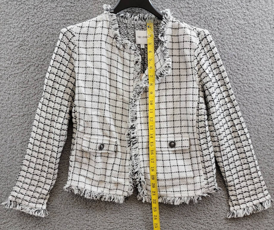 NIC+ZOE Grid Fringe Mix Knit Jacket Womens S Cream Multi Long Sleeves Open Front