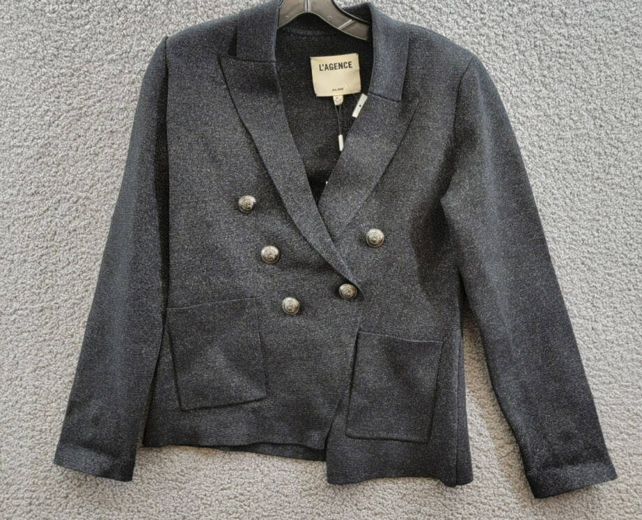 L'AGENCE Kenzie Metallic Knit Blazer Women's S Black Gunmetal Lurex Long Sleeve