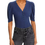 FRAME Rib Knit Ruched Sleeve Henley Tee Women's XS Navy Short Sleeve Pullover