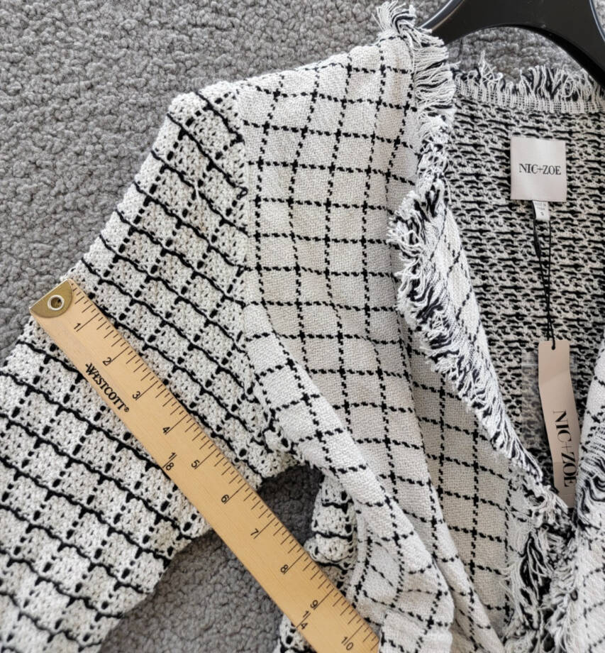 NIC+ZOE Grid Fringe Mix Knit Jacket Womens S Cream Multi Long Sleeves Open Front