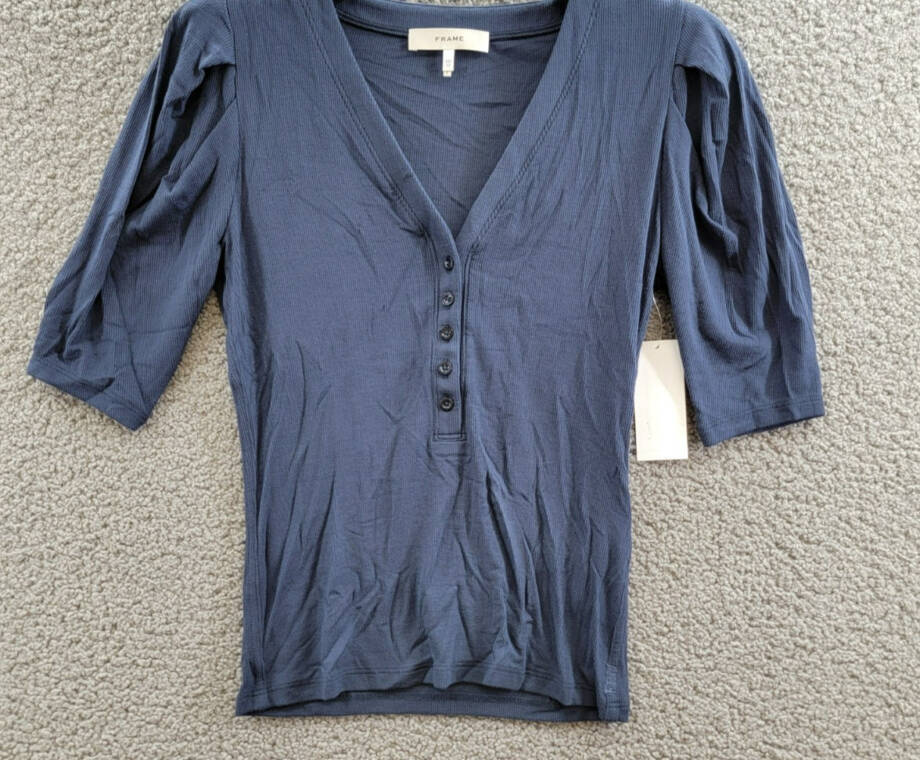 FRAME Rib Knit Ruched Sleeve Henley Tee Women's XS Navy Short Sleeve Pullover