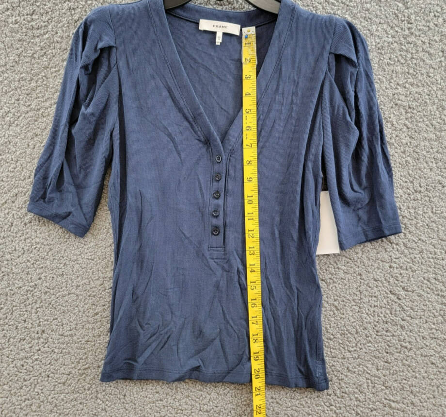 FRAME Rib Knit Ruched Sleeve Henley Tee Women's XS Navy Short Sleeve Pullover