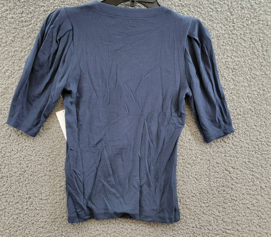 FRAME Rib Knit Ruched Sleeve Henley Tee Women's XS Navy Short Sleeve Pullover