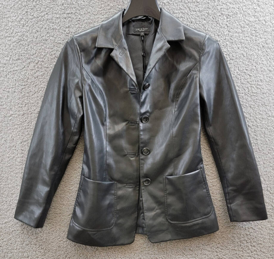 rag & bone Drew Faux Leather Jacket Women's 0 Black Button Closure Long Sleeves~