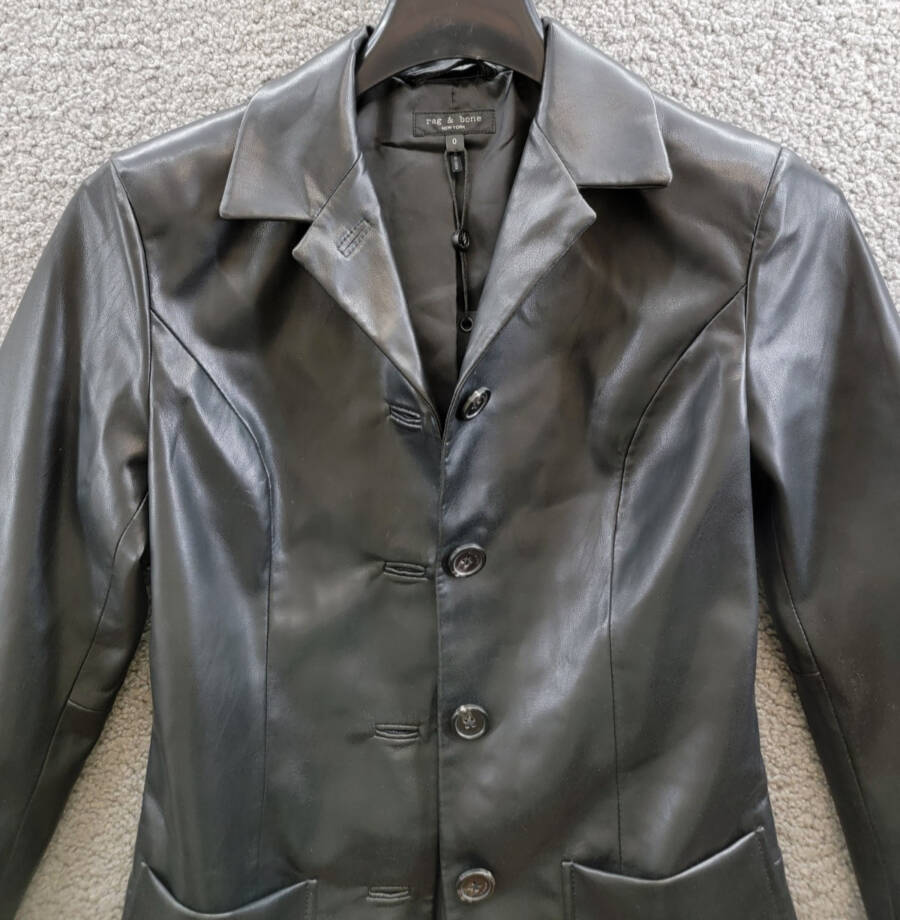rag & bone Drew Faux Leather Jacket Women's 0 Black Button Closure Long Sleeves~
