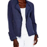 NIC+ZOE Fringe Mix Knit Jacket Women's L Navy Long Sleeves Open Front Zip Pocket
