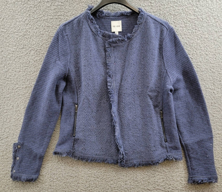 NIC+ZOE Fringe Mix Knit Jacket Women's L Navy Long Sleeves Open Front Zip Pocket