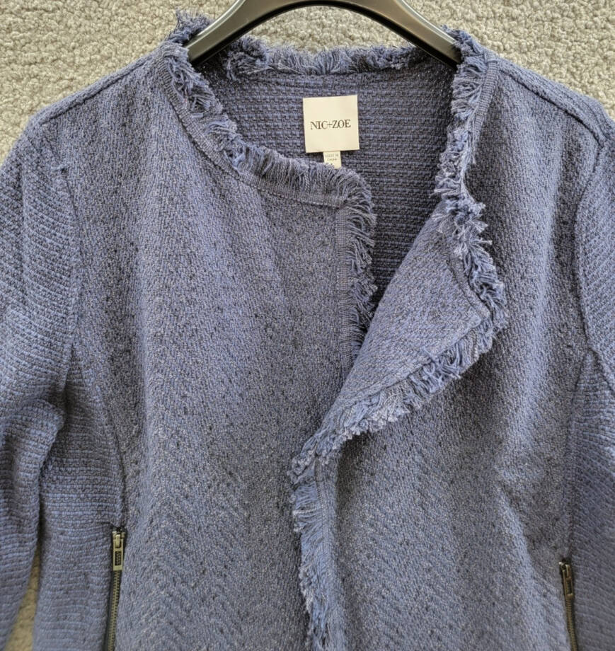NIC+ZOE Fringe Mix Knit Jacket Women's L Navy Long Sleeves Open Front Zip Pocket