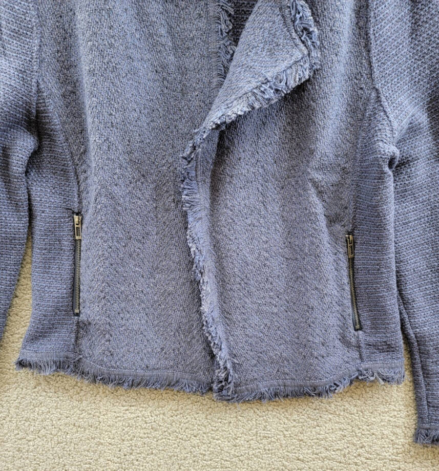 NIC+ZOE Fringe Mix Knit Jacket Women's L Navy Long Sleeves Open Front Zip Pocket