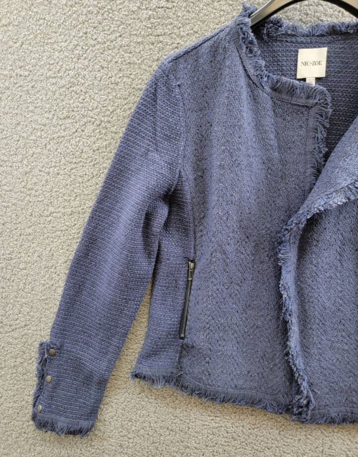 NIC+ZOE Fringe Mix Knit Jacket Women's L Navy Long Sleeves Open Front Zip Pocket
