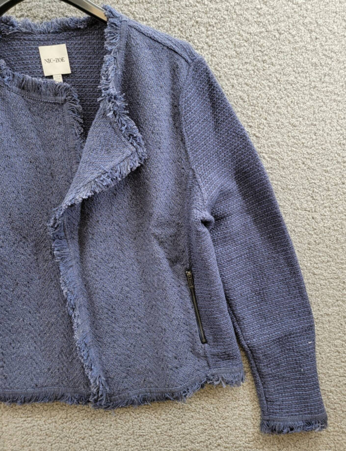 NIC+ZOE Fringe Mix Knit Jacket Women's L Navy Long Sleeves Open Front Zip Pocket