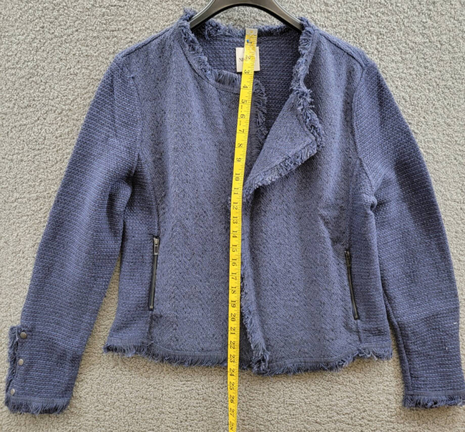 NIC+ZOE Fringe Mix Knit Jacket Women's L Navy Long Sleeves Open Front Zip Pocket
