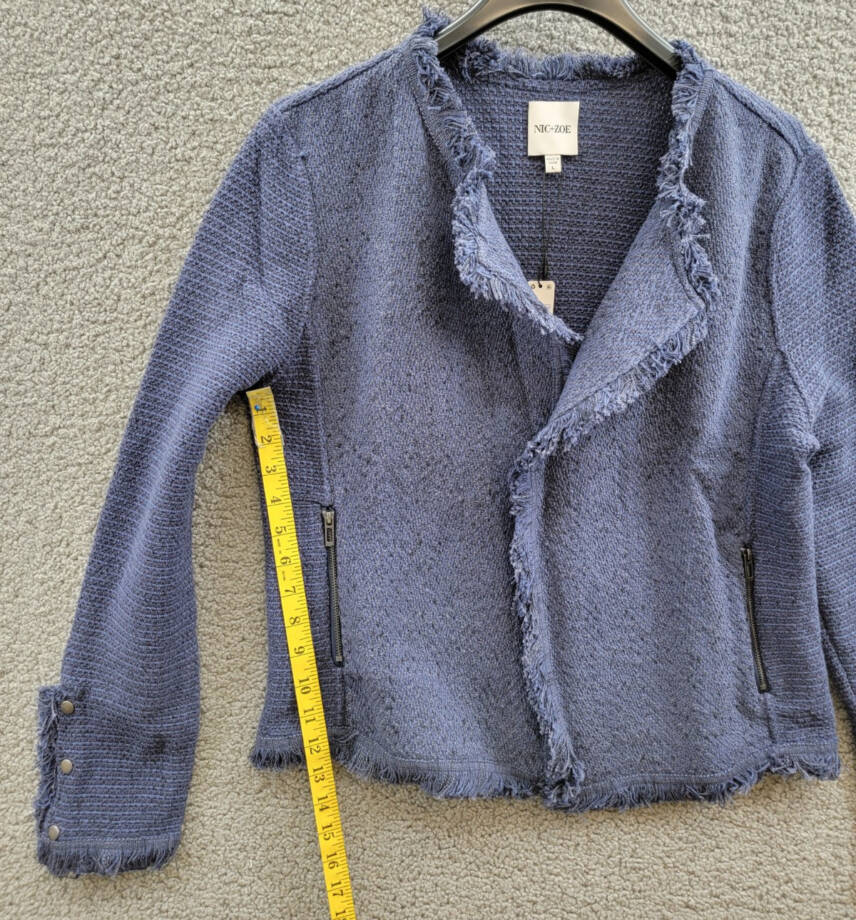 NIC+ZOE Fringe Mix Knit Jacket Women's L Navy Long Sleeves Open Front Zip Pocket