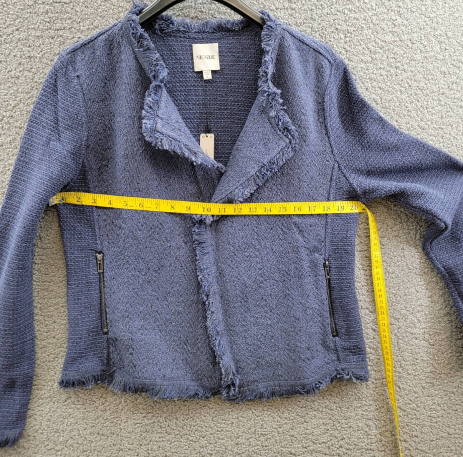 NIC+ZOE Fringe Mix Knit Jacket Women's L Navy Long Sleeves Open Front Zip Pocket