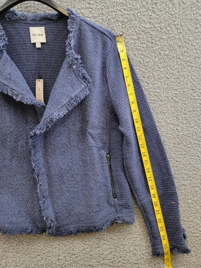 NIC+ZOE Fringe Mix Knit Jacket Women's L Navy Long Sleeves Open Front Zip Pocket