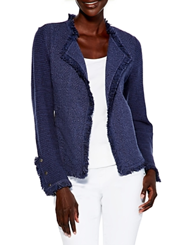 NIC+ZOE Fringe Mix Knit Jacket Women's XL Navy Long Sleeve Open Front Zip Pocket