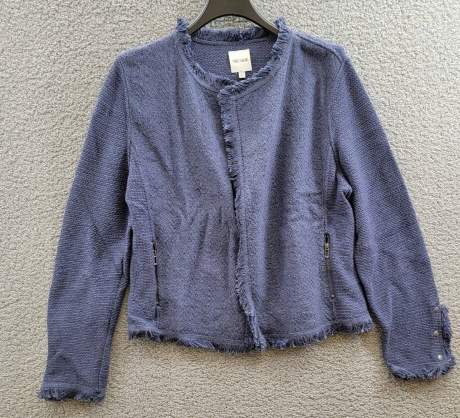 NIC+ZOE Fringe Mix Knit Jacket Women's XL Navy Long Sleeve Open Front Zip Pocket