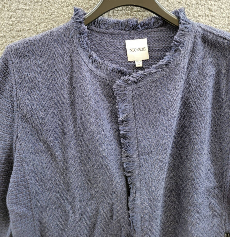 NIC+ZOE Fringe Mix Knit Jacket Women's XL Navy Long Sleeve Open Front Zip Pocket