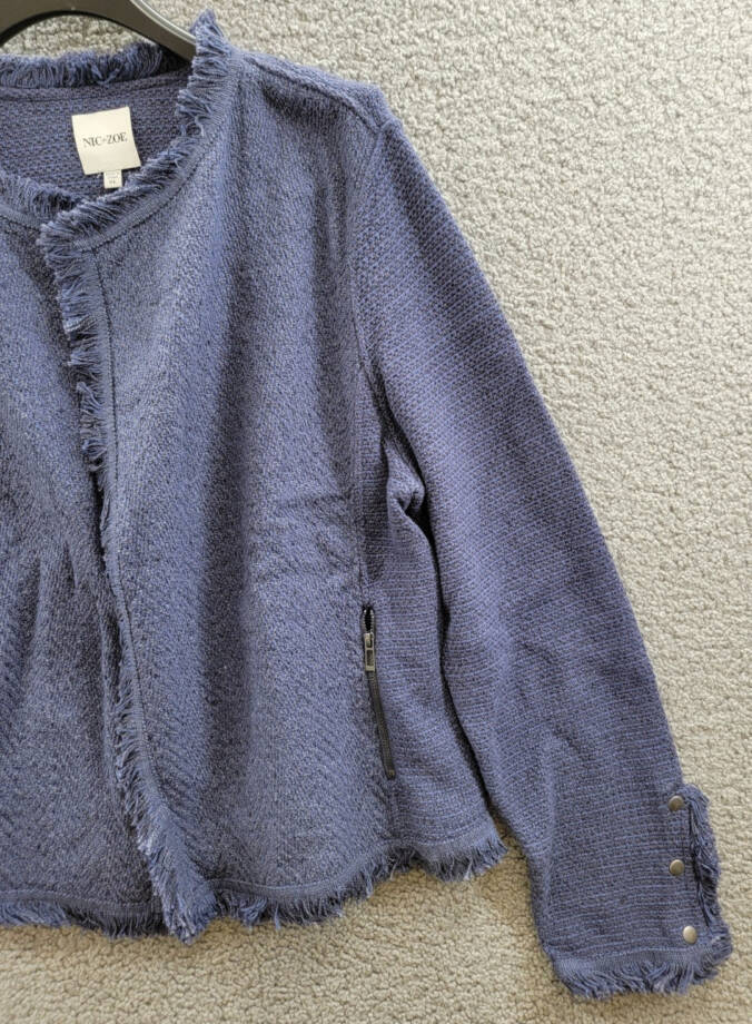 NIC+ZOE Fringe Mix Knit Jacket Women's XL Navy Long Sleeve Open Front Zip Pocket