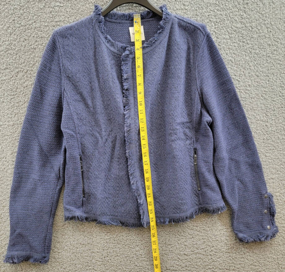 NIC+ZOE Fringe Mix Knit Jacket Women's XL Navy Long Sleeve Open Front Zip Pocket