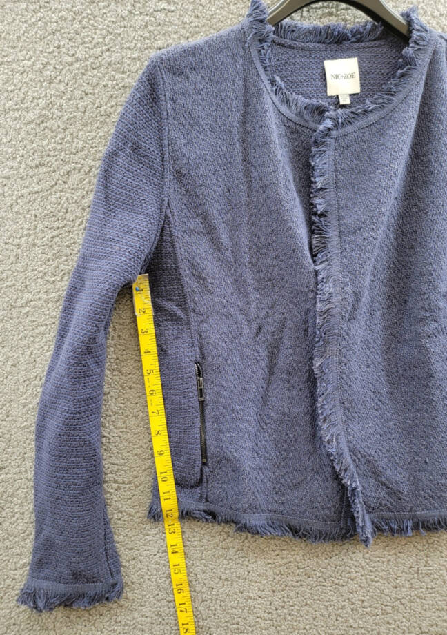 NIC+ZOE Fringe Mix Knit Jacket Women's XL Navy Long Sleeve Open Front Zip Pocket