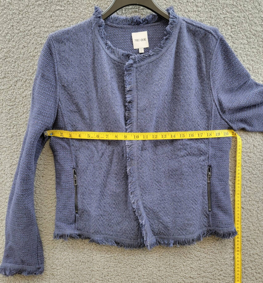 NIC+ZOE Fringe Mix Knit Jacket Women's XL Navy Long Sleeve Open Front Zip Pocket