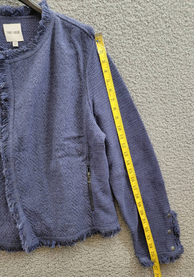 NIC+ZOE Fringe Mix Knit Jacket Women's XL Navy Long Sleeve Open Front Zip Pocket