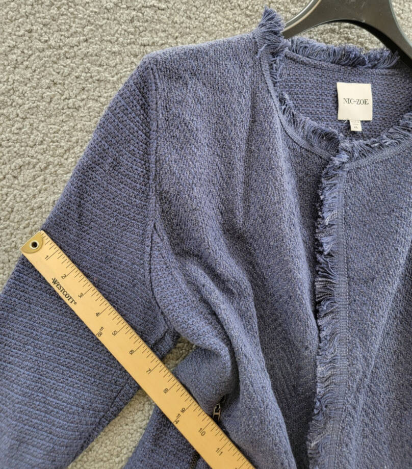 NIC+ZOE Fringe Mix Knit Jacket Women's XL Navy Long Sleeve Open Front Zip Pocket
